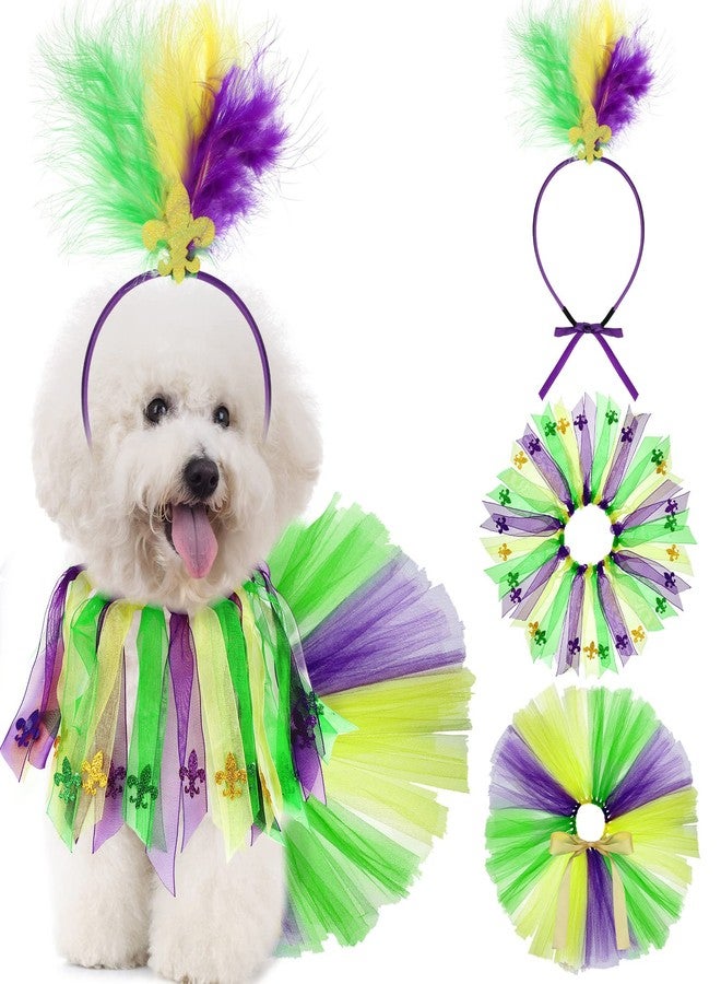 Moukeren 3 Pieces Girl Dog Costume Mardi Gras Tutu Skirt and Fleur De Lis Feather Headband Fancy Collar for Puppy Dog Costume Decorations Supplies, Purple, Green, Yellow (Small) - Image 1